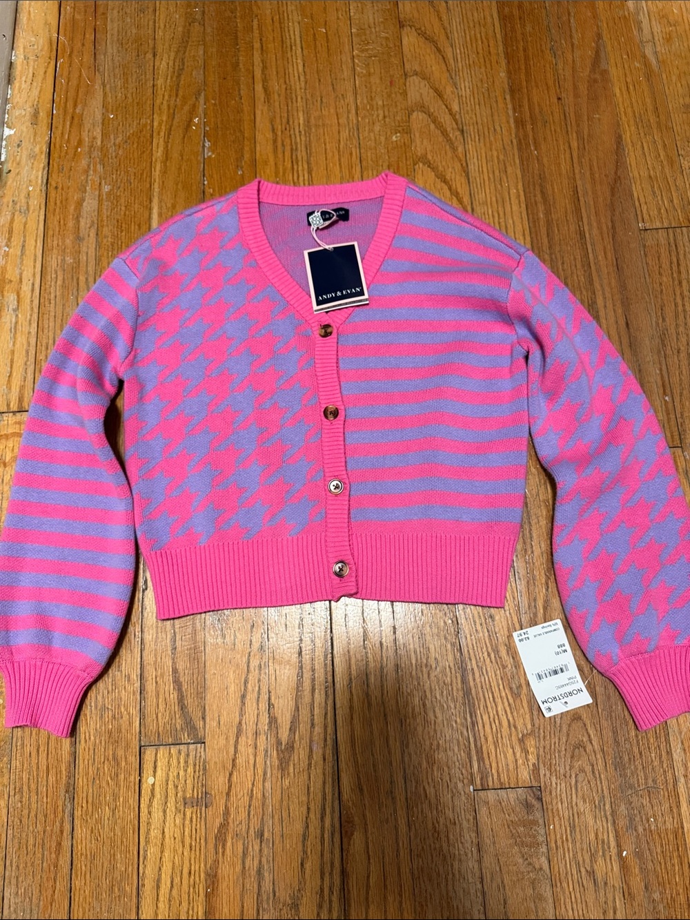 Andy & Evan Pink and Lavender Houndstooth-Striped Cropped Cardigan